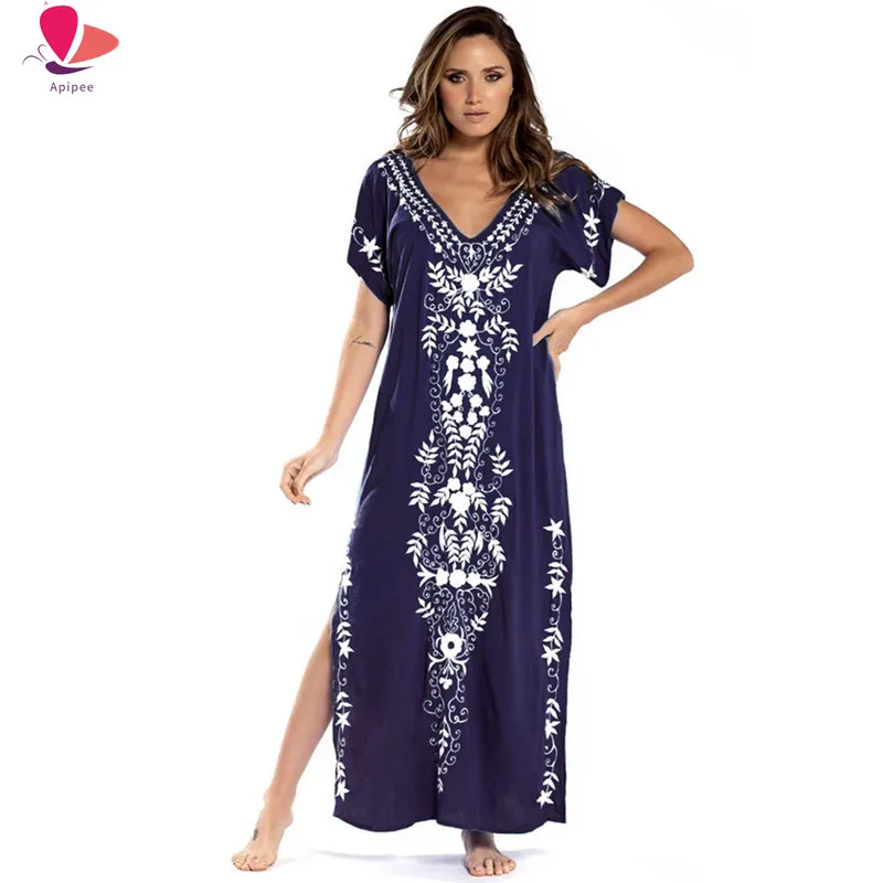 

Women Swimsuit Cover Ups Short Sleeve Kaftan Beach Tunic Dress Robe De Plage Solid White Pareo Beach Cover-ups