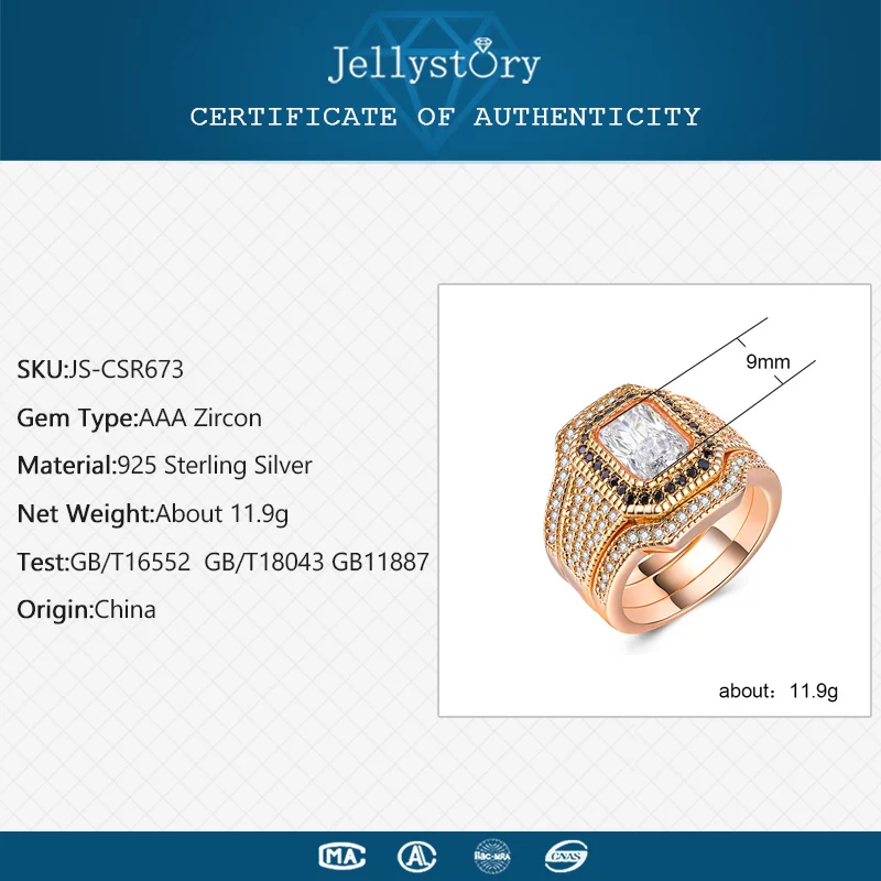 Jellystory Classic Ring for Women Men Silver 925 Jewelry with 9mm Square Shape Zircon Gemstone Ring Wedding Party Gift Rose Gold