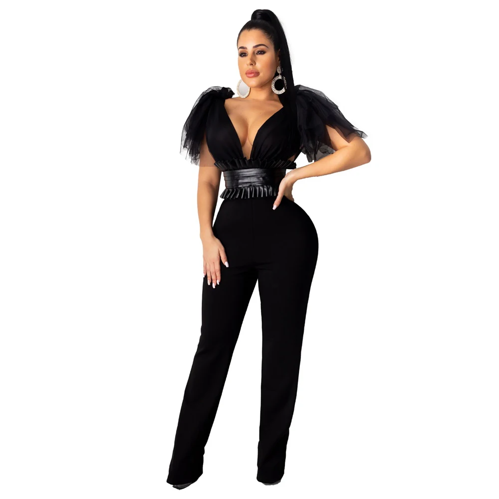 

High Quality Jumpsuits PU Leather Waist Seal Slim Rompers Sexy Deep V-Neck Pleated Mesh Insert Backless Sleeveless Clothing