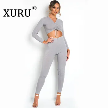 

XURU 2019 Autumn New Hot Women's Jumpsuit Two-piece Open Navel V-neck Chest Long Sleeve Drawstring Pit Jumpsuit Set