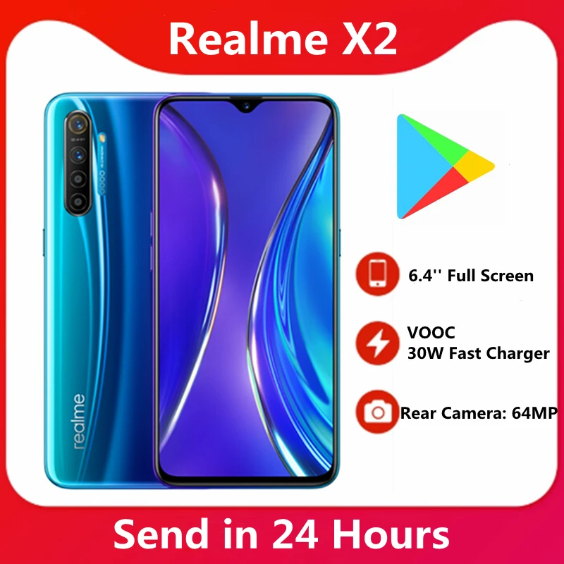 Оригинальный Realme X2 сотовый PhoneSnapdragon 730G 64MP Камера 6,4 ''Full Экран телефон NFC VOOC 30 Вт Быстрый Зарядное устройство для мобильного телефона