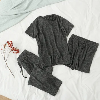 

New Summer And Spring Pajamas Set For Women 3 Pieces Satin Cotton Casual Women Sleepwear Top+Short+Pants Sexy Femme Homewear