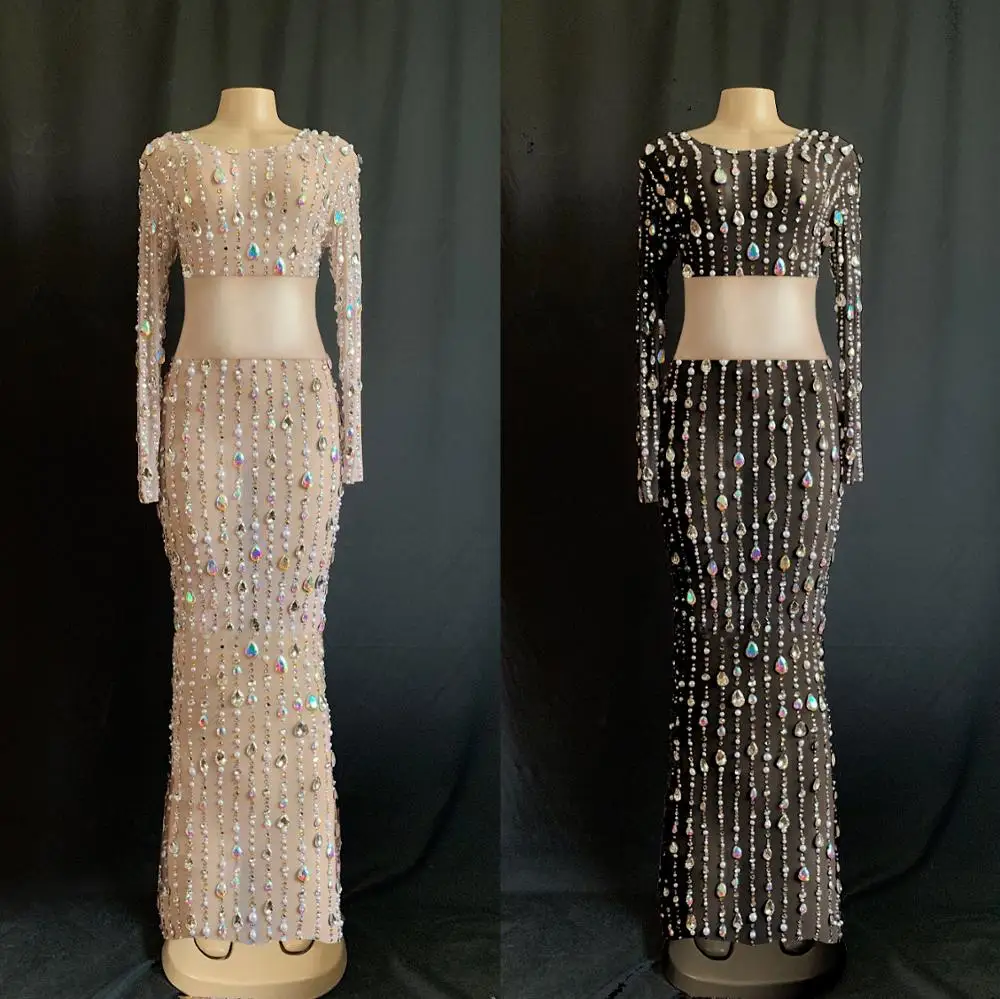 Высокое качество черный телесный с длинным рукавом Сияющий Бисер Bodycon комплект из двух предметов платье DJ Клубные вечерние танцевальный костюм