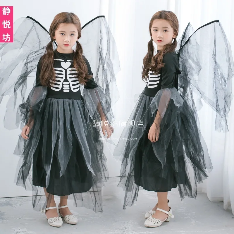 Костюмы на Хэллоуин для детей, платья принцессы, костюм невесты со скелетом для девочек, Детский костюм с костями, костюм вампира черного цвета для девочек