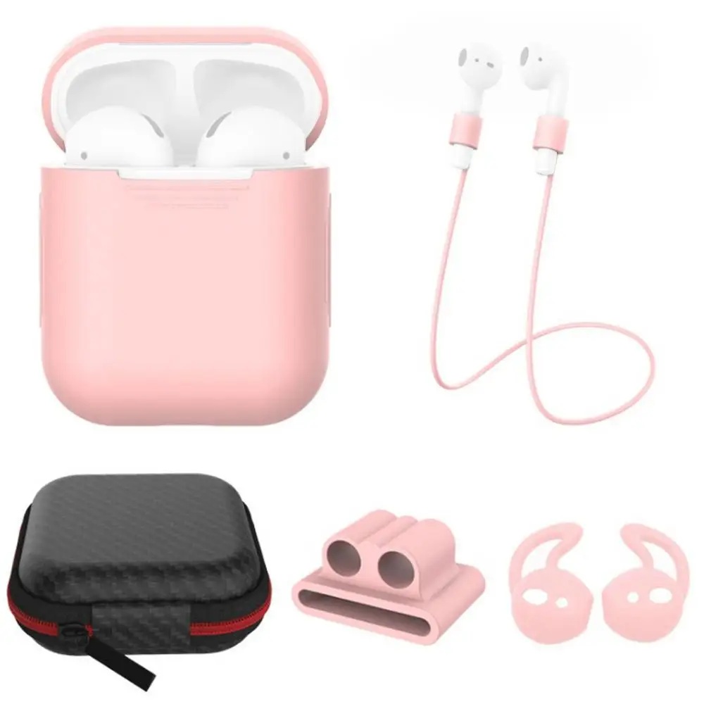 

5in1 Earphone Accessories Silicone Pouch Cover Case & Anti-lost Strap & Ear Hooks & Protective Storage Box & Holder for AirPods