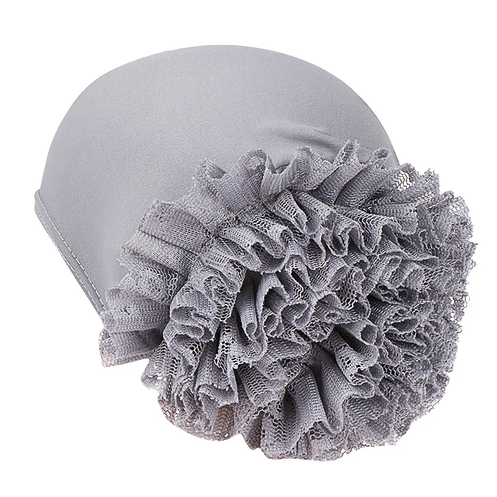 Gray Women's Fashion Hat Girls Solid Color Flower Milk Silk Cap Lace Flower Hat Muslim Head Cap Party Hat Flower New Fashion Hat Lady - Цвет: Gray