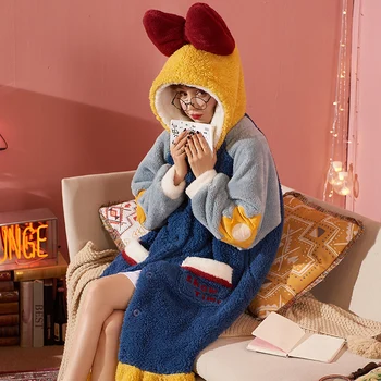 

Woman Flannel with Upset To Keep Warm Extended Pajamas Cartoon Winter Velvet Thickened Home Suit Nightgown Coral Velvet Pajama