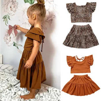 

2020 Baby Summer Clothing Toddler Baby Girls Ruffled Leopard T-shirt Ruffle Dress Fashion Children Party Casual Outfits Clothes