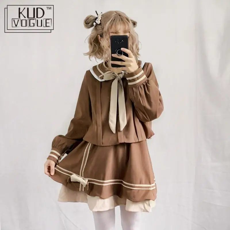 Ретро школьники JK Униформа Лолита Топ рубашка юбка школа Kawaii девушки милый бант Косплей костюмы с длинным рукавом винтажная блузка 844