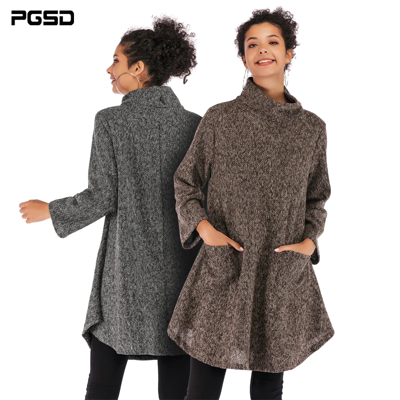 

PGSD Autumn winter simple Big size Women knitted sweater Double pocket Long stripe Pullover loose High collar casual Warm Turtleneck female clothes