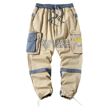

2020 New Men Cargo Pants With Big Pockets Hip Hop Ribbons Joggers Pants Men Japanese Style Khaki Track Pants ABZ675