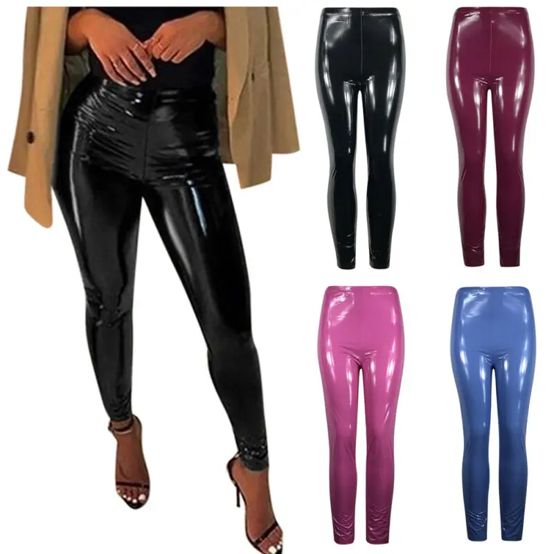 US Women Long Pants Shiny PU Leather 