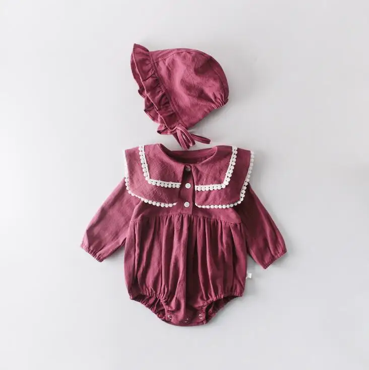 dark red Ins/Детские однотонные комбинезоны с оборками и шляпой; милая модная одежда для маленьких девочек; сезон весна-лето - Цвет: dark red