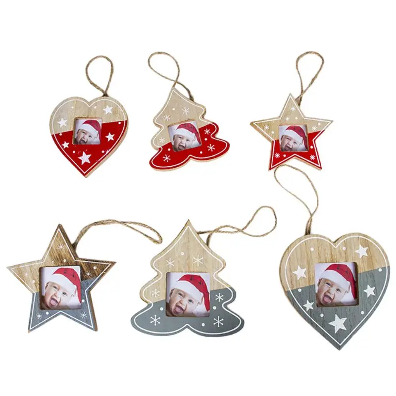 

DIY Wooden Christmas Photo Frame Pendant Tree/Star/Heart Contrast Color Hollow Out Hanging Ornament Home Party Decoration With R