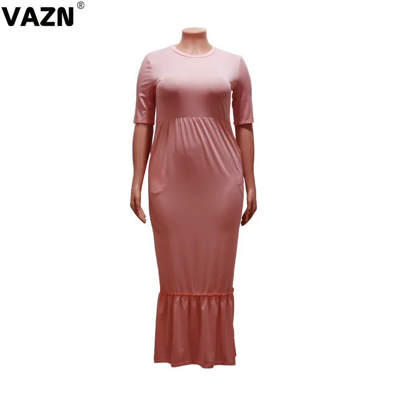 VAZN JLY19002 Новое Осеннее сексуальное высококачественное модное однотонное женское мягкое длинное платье с круглым вырезом и коротким рукавом, большие размеры