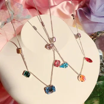 

MENGJIQIAO Korean Fashion Colorful Sqaure Crystal Choker Necklace For Women Girls Metal Chain Pendants Party Jewelry Gifts