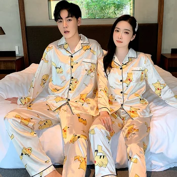 

Selling Popular Couple's Pajamas Sets Summer and Autumn Solid Tun-down Collar Polyester Long-Sleeved Cardigan Set Leisure Tops