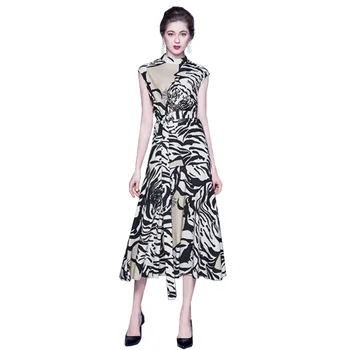

2020 Summer Women's long Dress Sleeveless Leopard print lace up work wear dresses