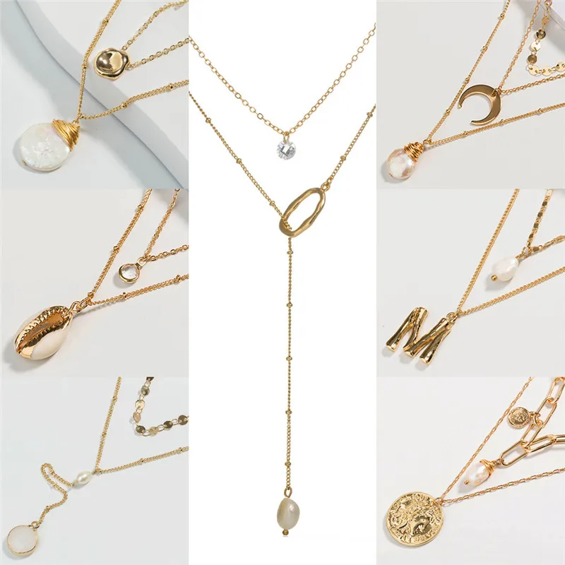 

11 Style Boho Shell Gold Letter M Necklaces Pendant For Women Fashion Golden Geometric Chains Multi layered Necklace Jewelry