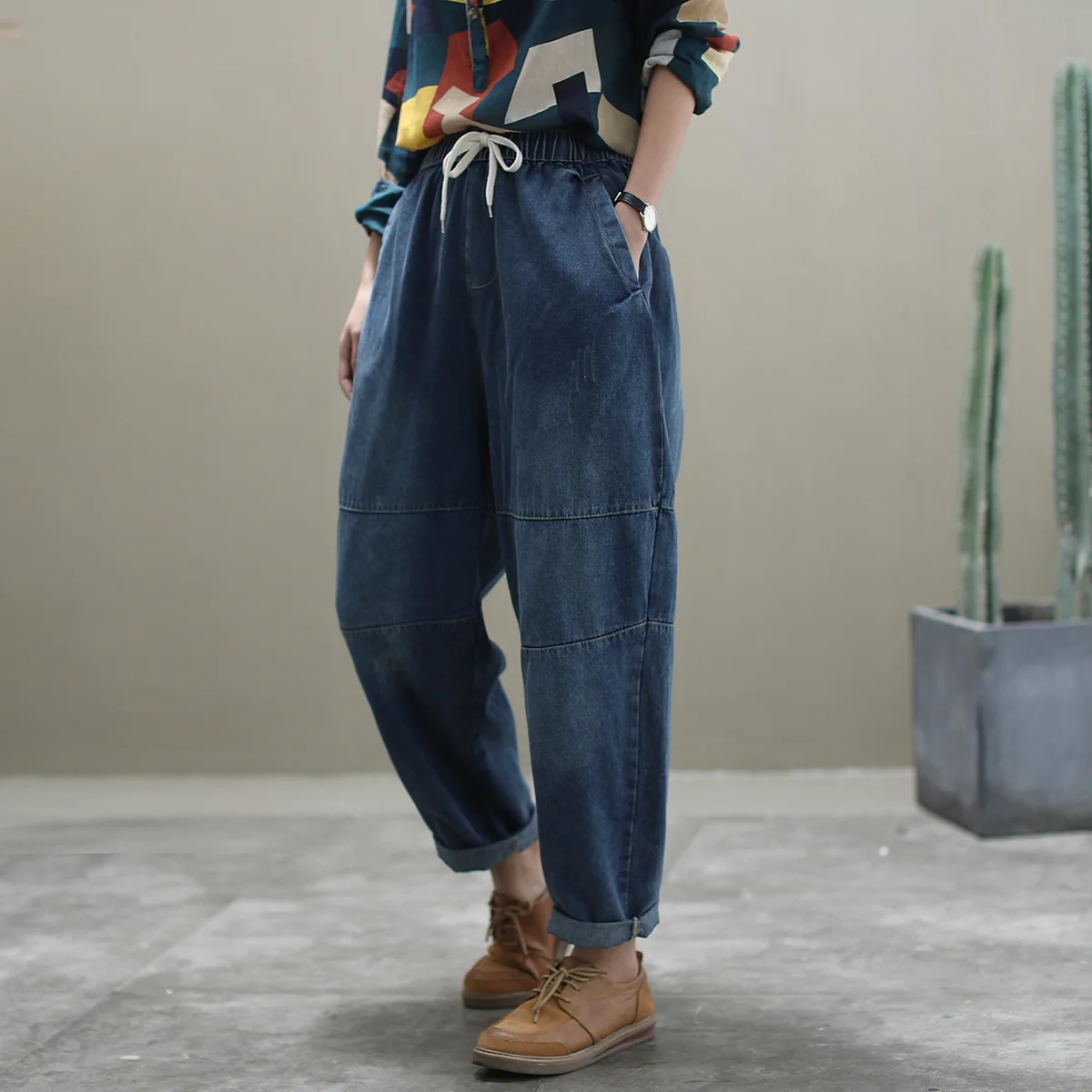 leather pants Loose All-match Harem pants Dark blue color patchwork Ankle-Lenght patns 2020 Spring Elastic Waist boyfriend jeans for women  Z2 bootcut jeans