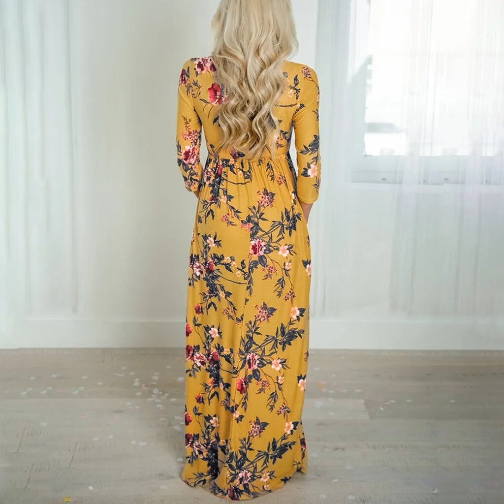 Женское Boho осеннее длинное платье Boho Макси свободное с цветочным принтом o-образным вырезом с длинным рукавом Элегантные платья Коктейльные Вечерние FC