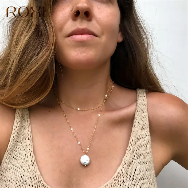 ROXI белый жемчуг в стиле барокко кулон ожерелье двуслойный пресноводный массивное жемчужное ожерелье Женские Ювелирные изделия Золотая длинная цепь ожерелье