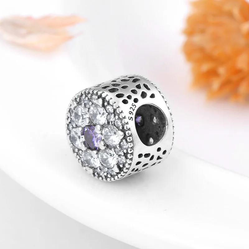 Authentic 925 Sterling Silver sunflower bead purple Crystal Clear CZ beads Fit Original Pandora Charm Bracelet Jewelry making