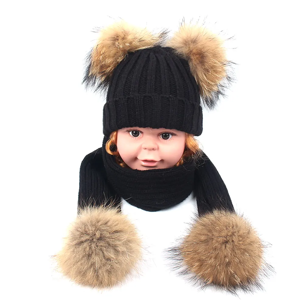 

2019 Winter Parent-child Knitted Scarf Hat Set Cap Kids Warm Beanie Hat with Double Fur Pompom Ball for Baby Photography Props