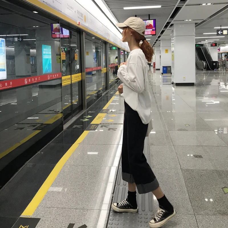 Джинсы женские Harajuku корейский стиль Свободные Студенческие универсальные Простые повседневные женские брюки с высокой талией длиной до щиколотки