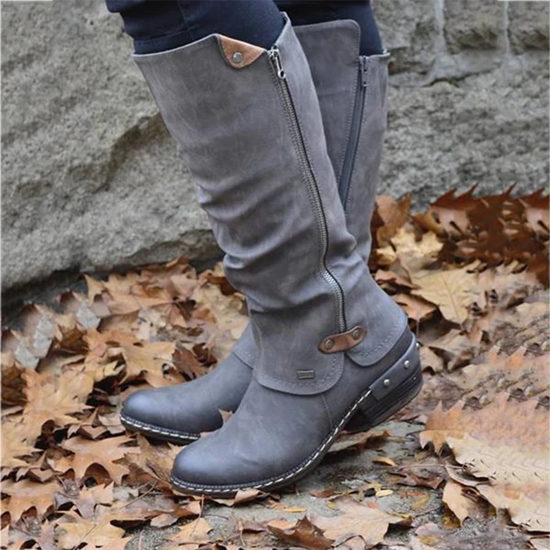 Женские ковбойские сапоги до колена; ботинки в стиле панк; зимняя теплая обувь; ботинки на низком толстом каблуке с боковой молнией; Прямая поставка