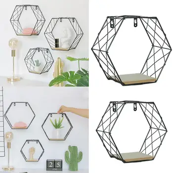 

Ins Nordic Minimalist Black Hexagon Iron Racks Wall Wall Hanging Room Bedroom Shelf Wall Multifunctional E1L7 Decoration R3T3
