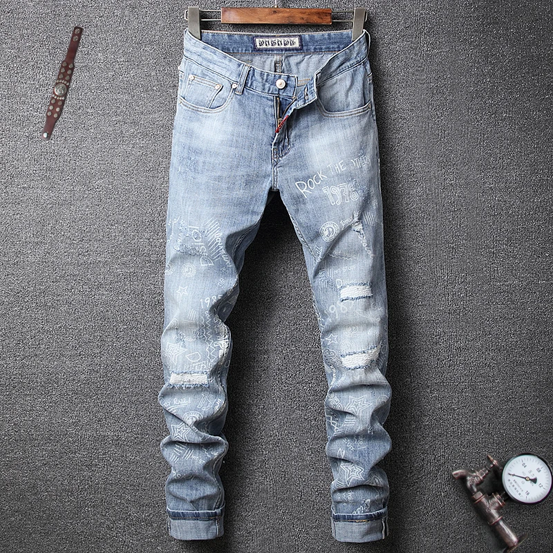 

Light Blue Color High Quality Streetwear Biker Jeans Fashion Men Jeans Slim Fit Spliced Designer Ripped Jeans Men Hip Hop Pants