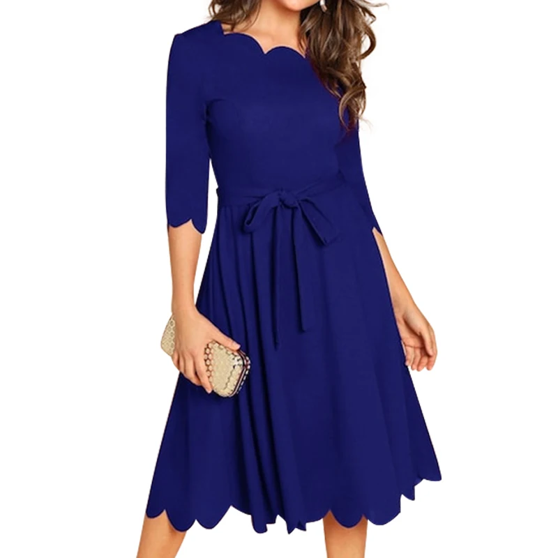 Kenancy однотонное синее платье с волнистым вырезом размера плюс женское офисное платье Vestido весна осень Повседневное платье миди на шнуровке с бантом