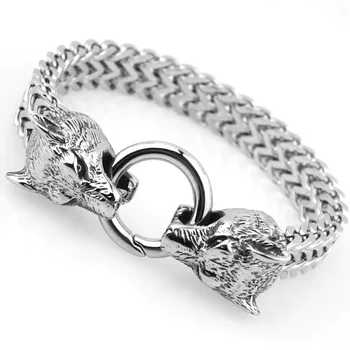 

Rock Boys Mens Never Fade New Stainless Steel Figaro Chain Bracelet Two Gothic Wolf Head Bangles Jewelry 22cm