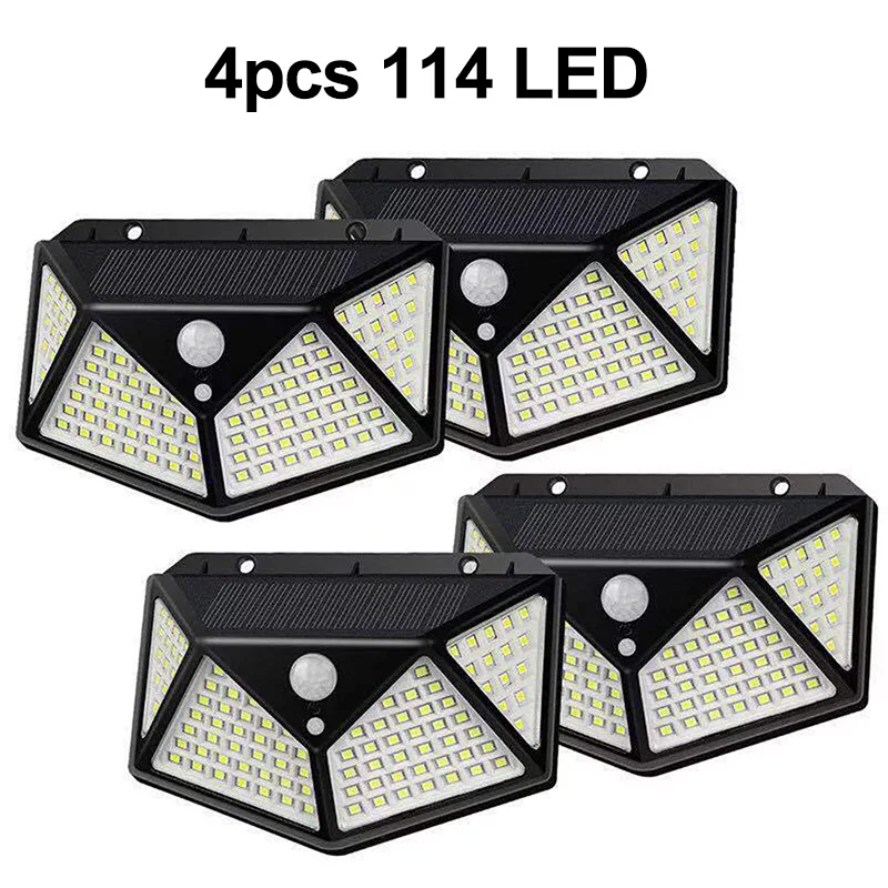 4pcs 114 LED 114 светодиодный садовый светильник на солнечной батарее, уличная Солнечная лампа с датчиком движения PIR, 3 режима, четырехсторонняя Водонепроницаемая настенная лампа безопасности для двора - Испускаемый цвет: 4pcs 114 LED