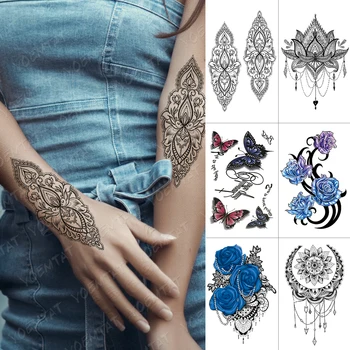 Tatuaje temporal a prueba de agua pegatina mariposa azul Rosa peonía Flash tatuajes encaje Flor de Henna cuerpo arte brazo tatua