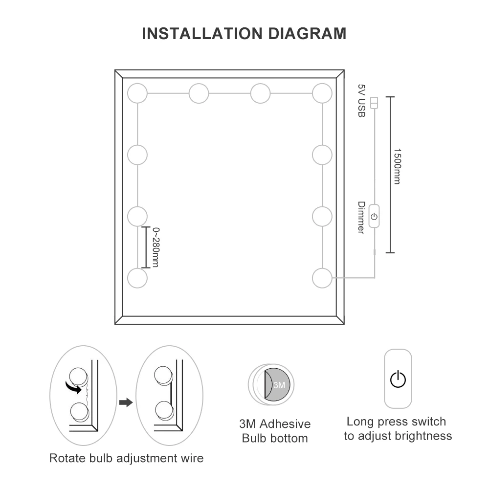 Description Picture 5 of itemIndoor LED Makeup Mirror Light Hollywood USB Vanity Wall Lamp Dimmable Nature White 6 10 14Bulbs for Dressing Table Decoration