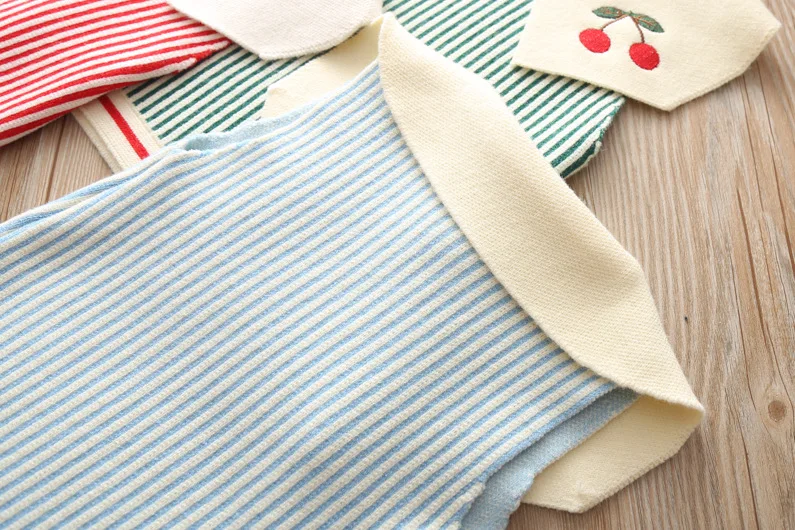 Spring And Autumn Girls' Sweater Vest Cherry Embroidered Fold-down Collar Vertical Striped Knitted Child Waistcoat 2179