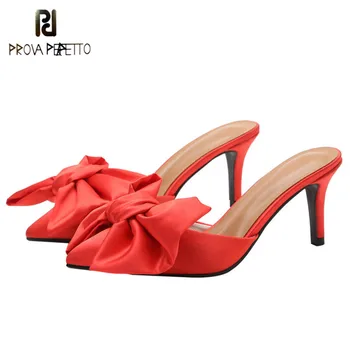 

Prova Perfetto 2020 Bowknot Silk Women's Slippers Pointed Toe High Heels Pumps New Leopard Bow Mules Shoes Customizable Colors