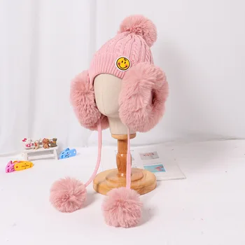 

Baby warm hats autumn and winter plush three ball earmuffs 2-6 years old baby Korean inner plus velvet warm Lei Feng hat beanies
