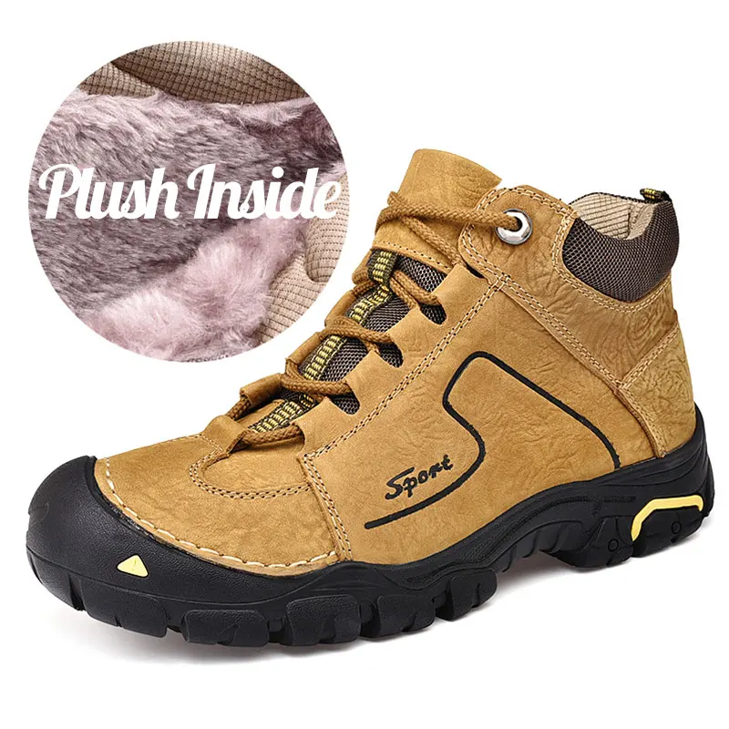 Hiking Shoes Men Winter Snow Shoes Comfortable First Layer Cowhide Leather Outdoor Men Hiking Casual Sneakers Boots Walk Shoes - Цвет: 6675khaki-plush