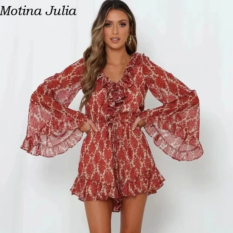 Motina Julia, сексуальный комбинезон с расклешенными рукавами и рюшами, Осенний элегантный повседневный пляжный комбинезон, шифоновые короткие комбинезоны для женщин