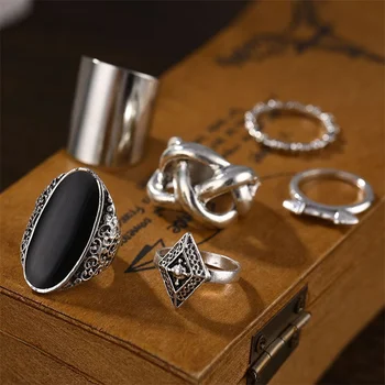 

KISSWIFE 6Pcs/Set Fashion Black Resin Ring Bohemia Style Rings Set for Women Charm Jewelry High Quality Party Rings