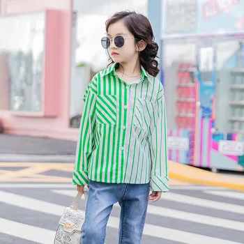 

2020 Autumn Girls Blouse Fall Cute Long Sleeves Children Shirts Girl Blouses Patchwork Green Teenager School Clothes Kids Tops