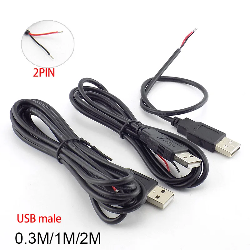 Adaptador de fuente de alimentación para dispositivos inteligentes, Cable conector de carga de 0,3/1/2M DC 5V USB 2,0 tipo A macho de 2 pines para dispositivos inteligentes DIY N11