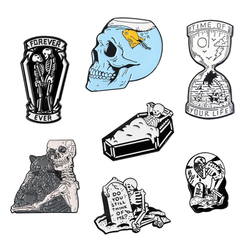 

Skull Skeleton Lapel Pins Sad Couple Forever Love Until Death Brooches Badges Bag Clothes Enamel Pins Jewelry Gifts For Lover