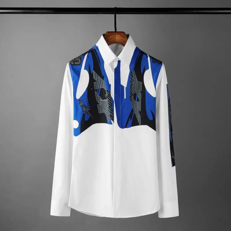 

Cotton Luxury Blue Letter Long Sleeve Party Mens Dress Plus Size 4xl Fashion Slim Fit Man Shirts