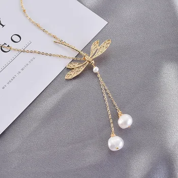 

New Korea Design Dragonfly Pearl Necklace Cross chain electroplated Animal Tassel Party Club Jewelry Women Brithday Gift
