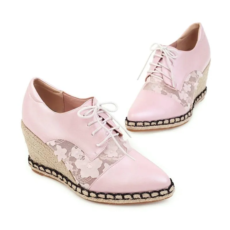 2020 Spring Autumn New Straw Wedge Shoes Women Deep Mouth High Heels Mesh Lace Stitching Lace-Up Pointed Toe Pumps Women's Shoes (3)