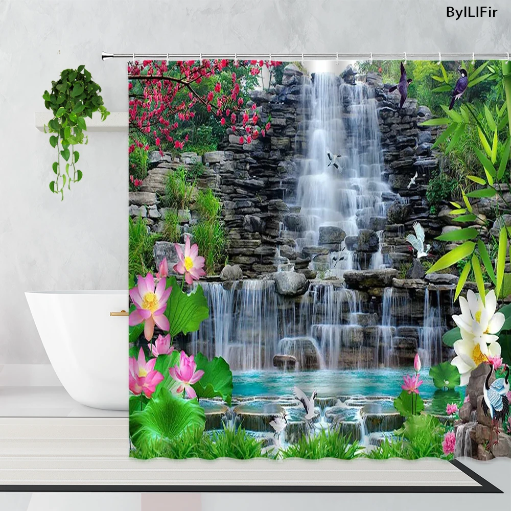 

Mountain Cliff Waterfall Lotus Shower Curtains Green Plant Flowers Bird Natural Scenery Bathroom Bath Curtain Waterproof Fabric